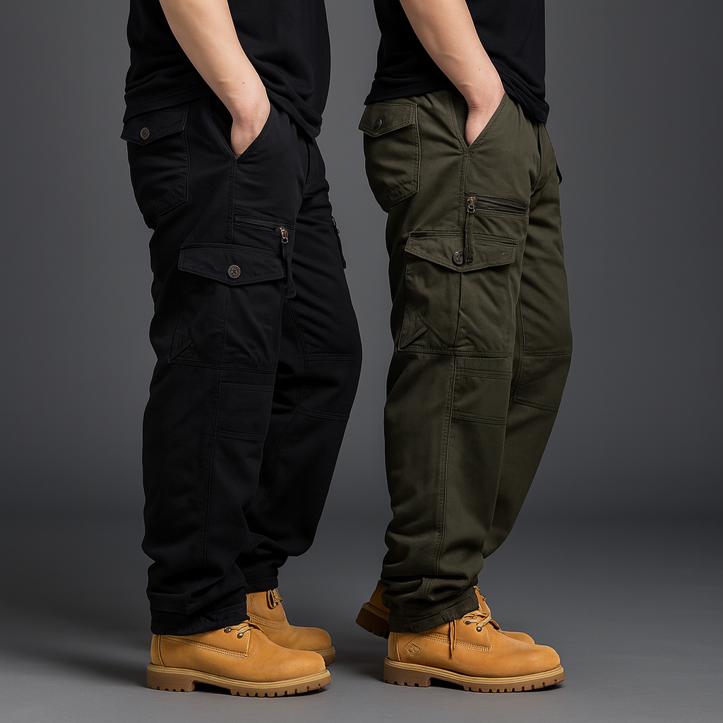 Men’s Fleece-Lined Cargo Pants – Warm Cotton Winter Trousers with Multiple Pockets for Hiking & Outdoor Work